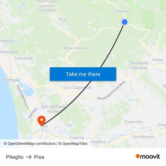 Piteglio to Pisa map