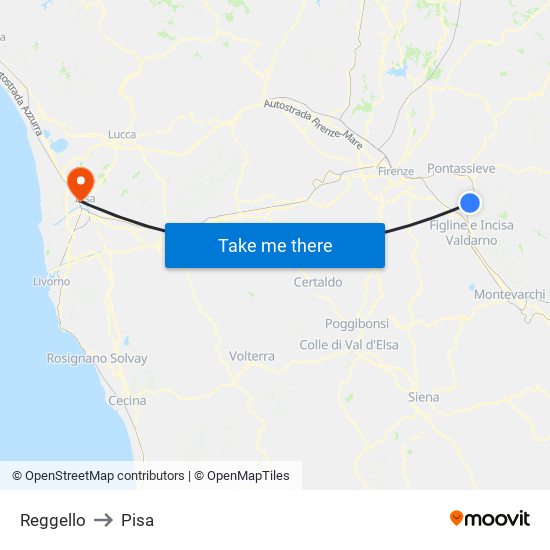 Reggello to Pisa map