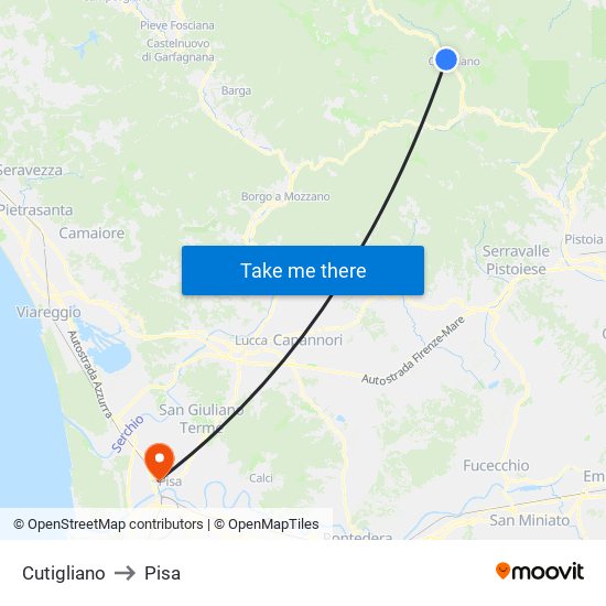 Cutigliano to Pisa map