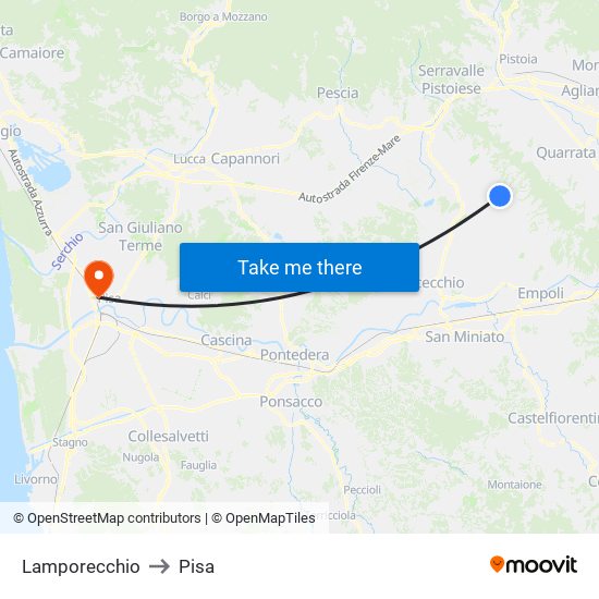 Lamporecchio to Pisa map