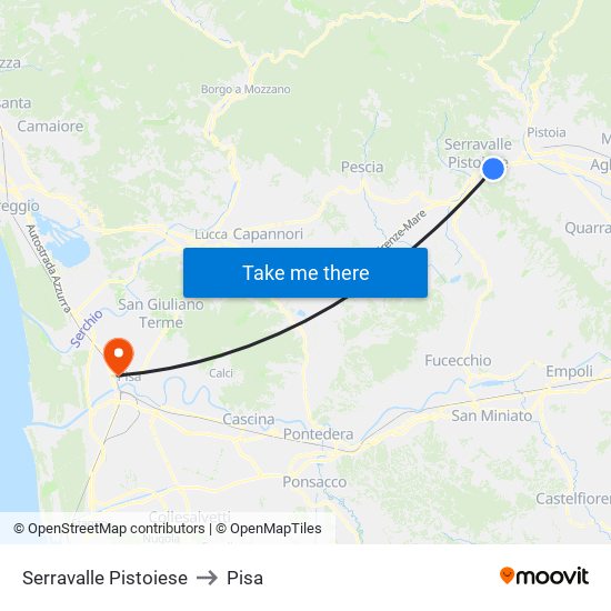 Serravalle Pistoiese to Pisa map
