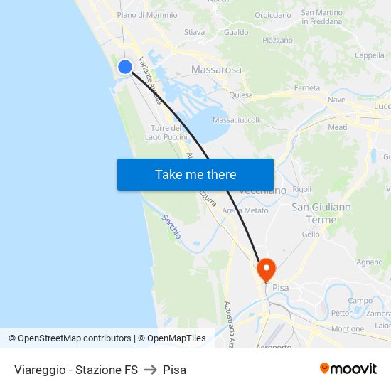 Viareggio Stazione FS to Pisa map