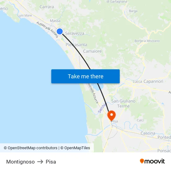 Montignoso to Pisa map