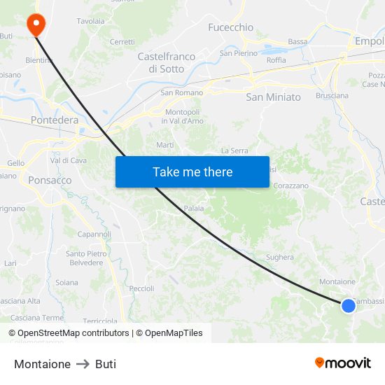 Montaione to Buti map