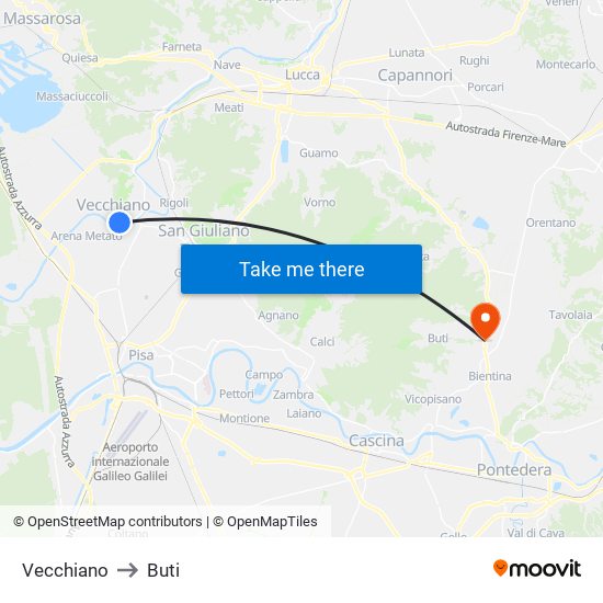 Vecchiano to Buti map
