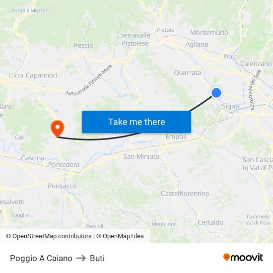 Poggio A Caiano to Buti map