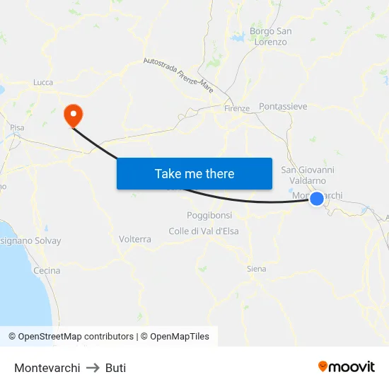 Montevarchi to Buti map