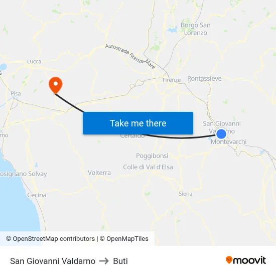 San Giovanni Valdarno to Buti map