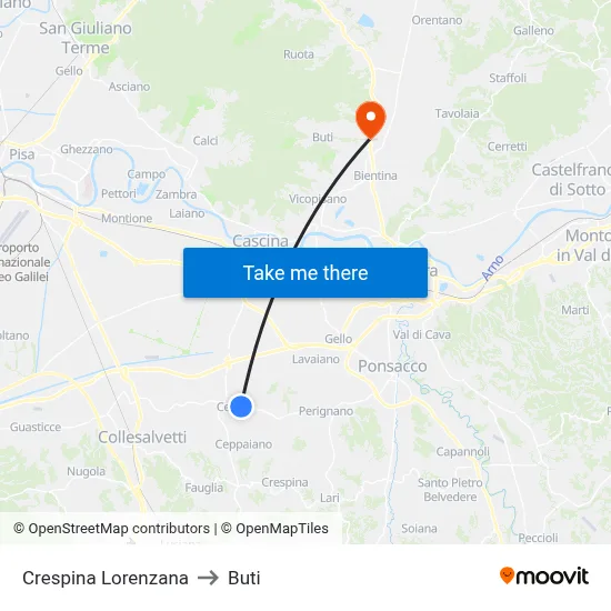 Crespina Lorenzana to Buti map