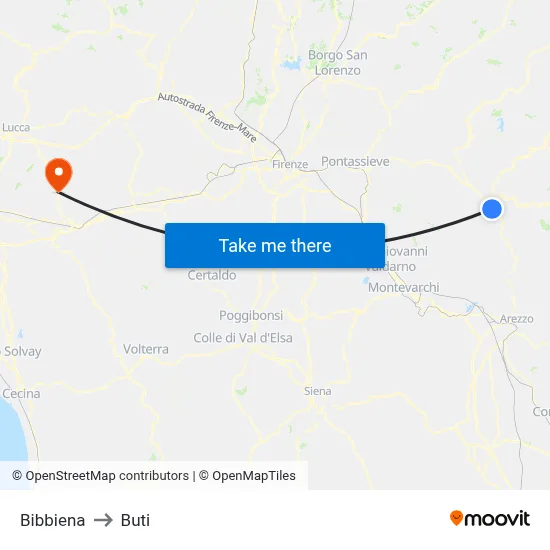 Bibbiena to Buti map