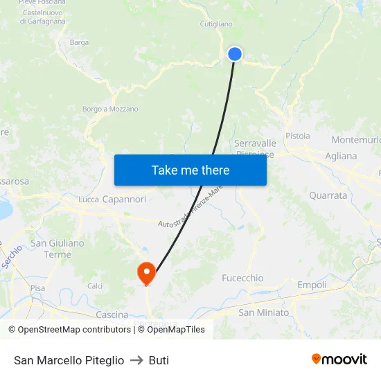 San Marcello Piteglio to Buti map