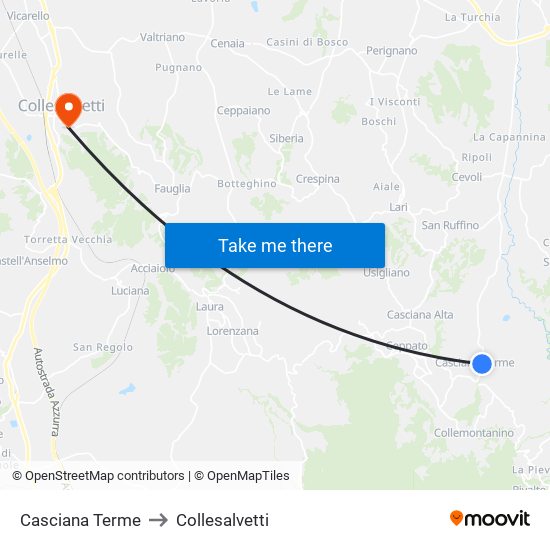 Casciana Terme to Collesalvetti map