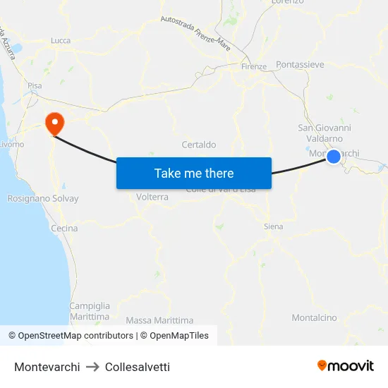 Montevarchi to Collesalvetti map