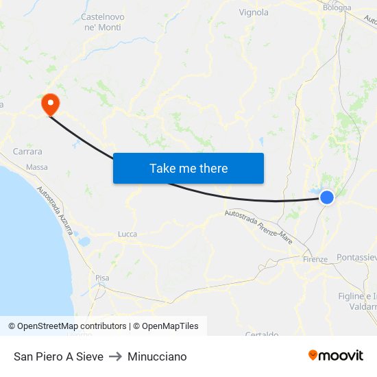 San Piero A Sieve to Minucciano map
