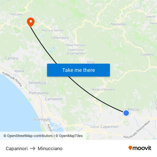 Capannori to Minucciano map