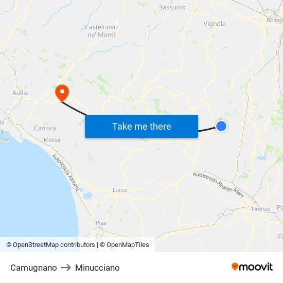 Camugnano to Minucciano map