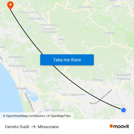 Cerreto Guidi to Minucciano map