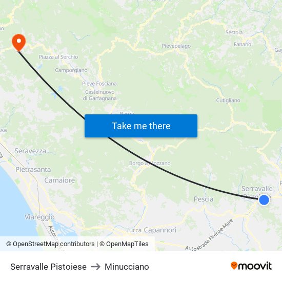 Serravalle Pistoiese to Minucciano map