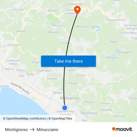 Montignoso to Minucciano map