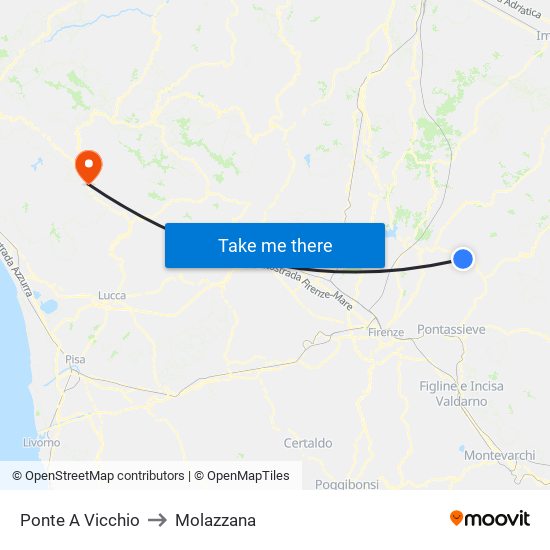 Ponte A Vicchio to Molazzana map