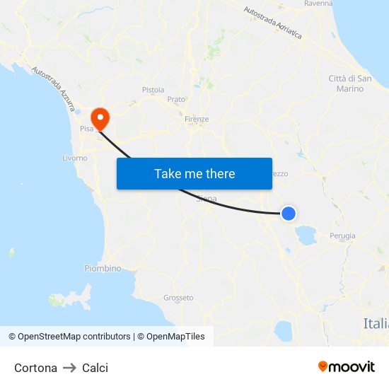 Cortona to Calci map