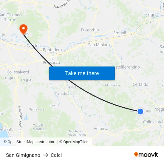 San Gimignano to Calci map