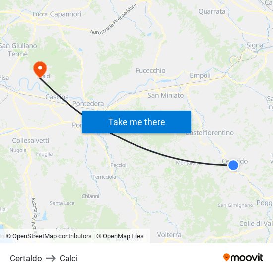 Certaldo to Calci map