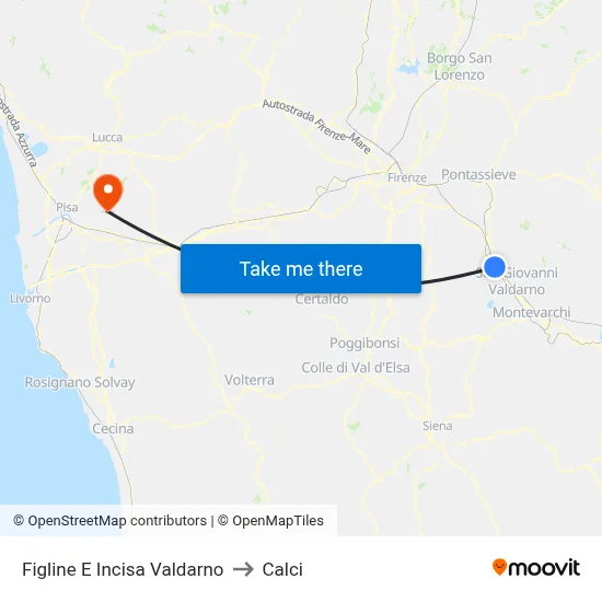 Figline and Incisa Valdarno to Calci map