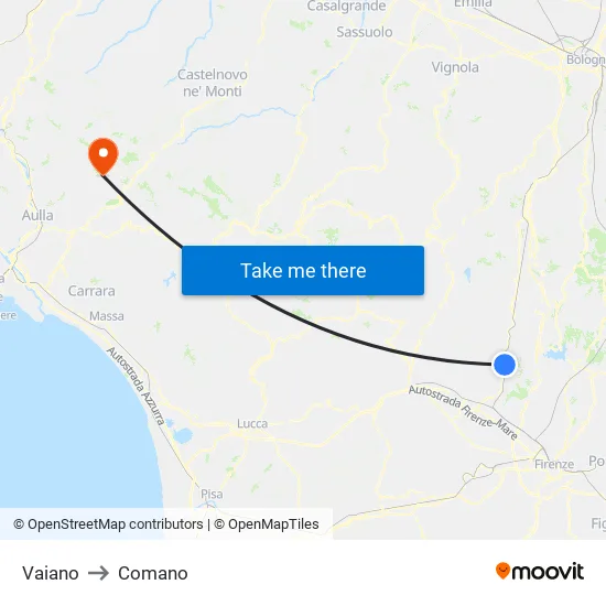 Vaiano to Comano map