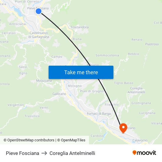 Pieve Fosciana to Coreglia Antelminelli map