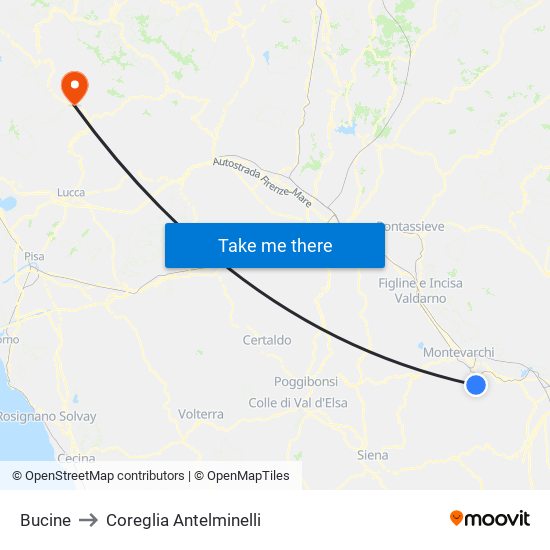 Bucine to Coreglia Antelminelli map
