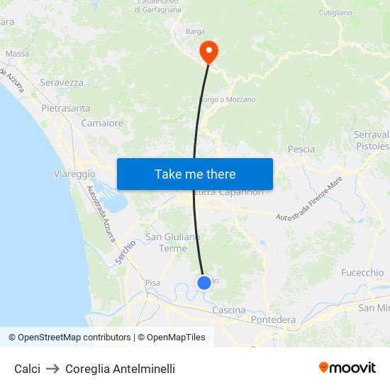 Calci to Coreglia Antelminelli map