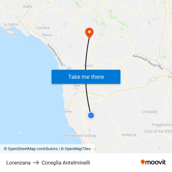 Lorenzana to Coreglia Antelminelli map