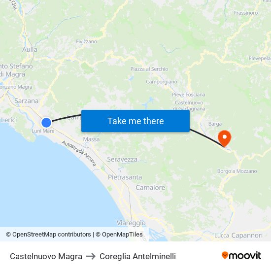 Castelnuovo Magra to Coreglia Antelminelli map