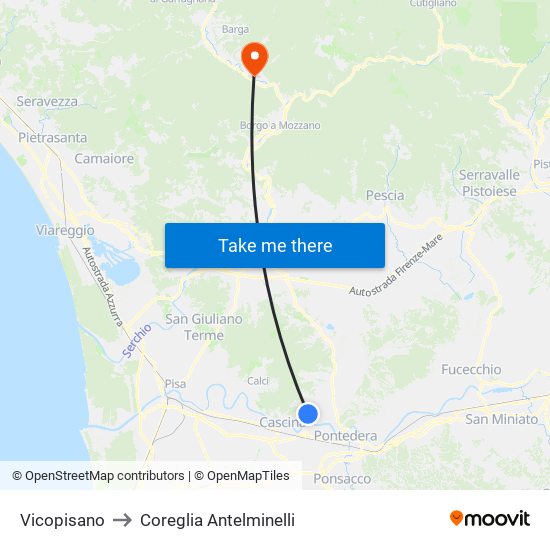 Vicopisano to Coreglia Antelminelli map