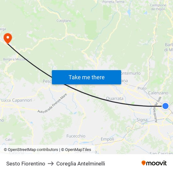 Sesto Fiorentino to Coreglia Antelminelli map