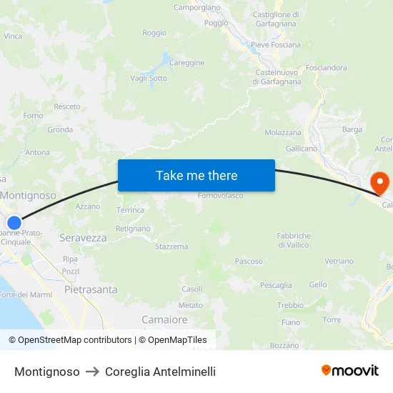 Montignoso to Coreglia Antelminelli map