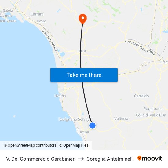 V. Del Commerecio Carabinieri to Coreglia Antelminelli map