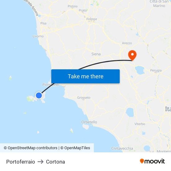 Portoferraio to Cortona map