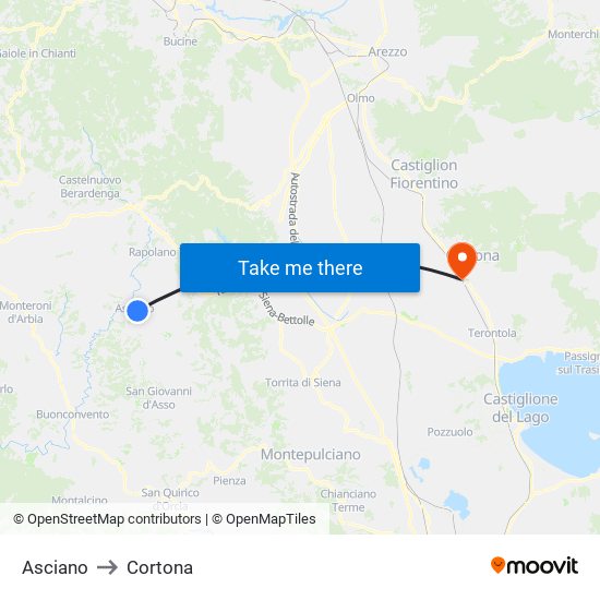Asciano to Cortona map