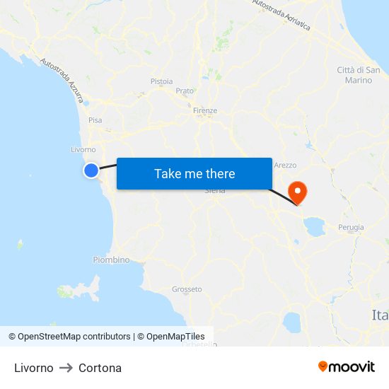 Livorno to Cortona map