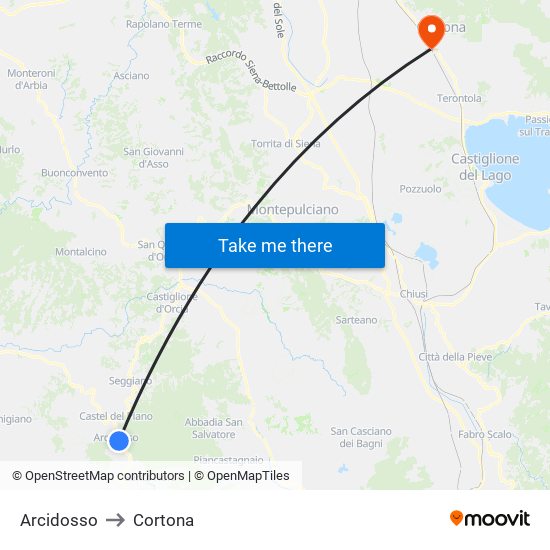 Arcidosso to Cortona map