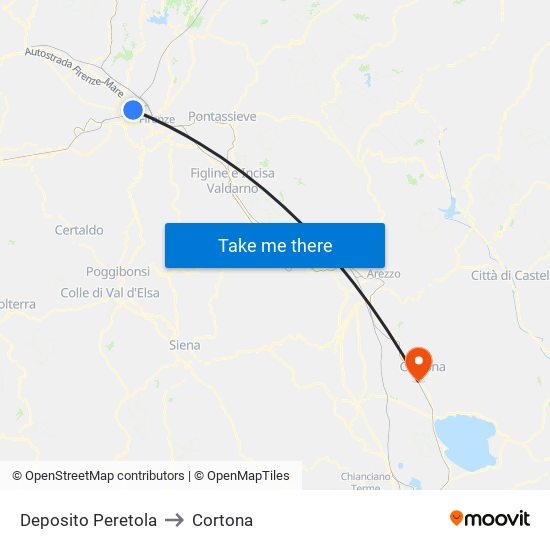 Deposito Peretola to Cortona map