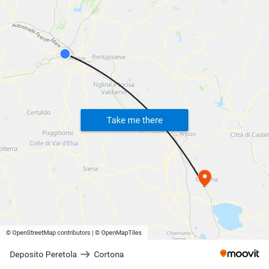Peretola Depot to Cortona map