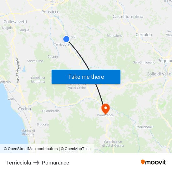 Terricciola to Pomarance map