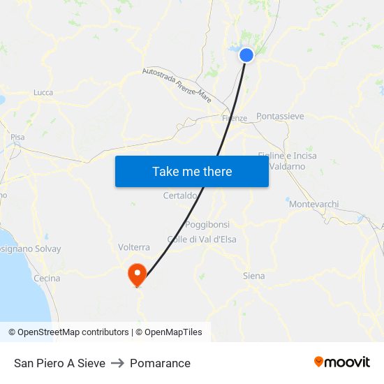 San Piero A Sieve to Pomarance map