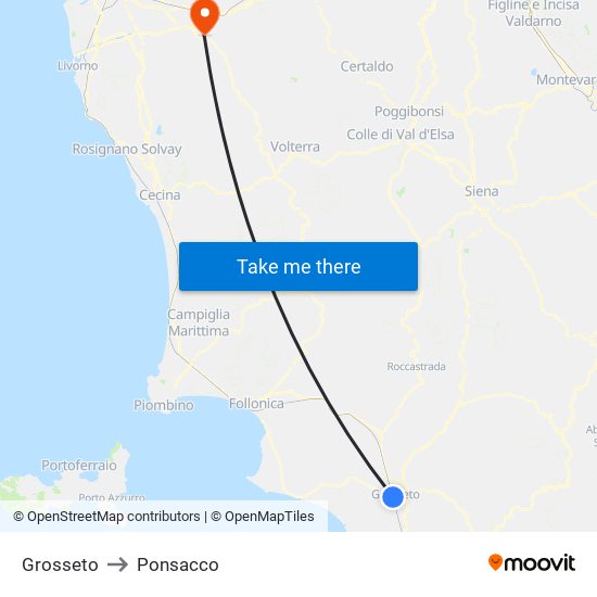 Grosseto to Ponsacco map