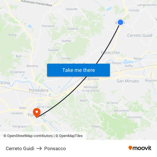 Cerreto Guidi to Ponsacco map