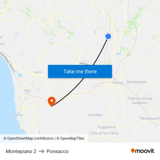 Montepiano 2 to Ponsacco map