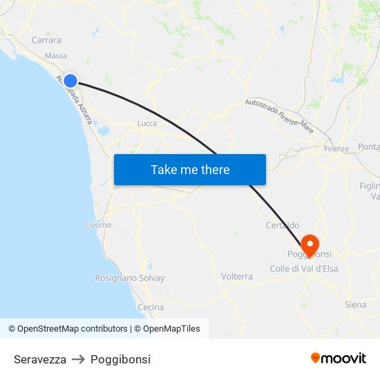 Seravezza to Poggibonsi map